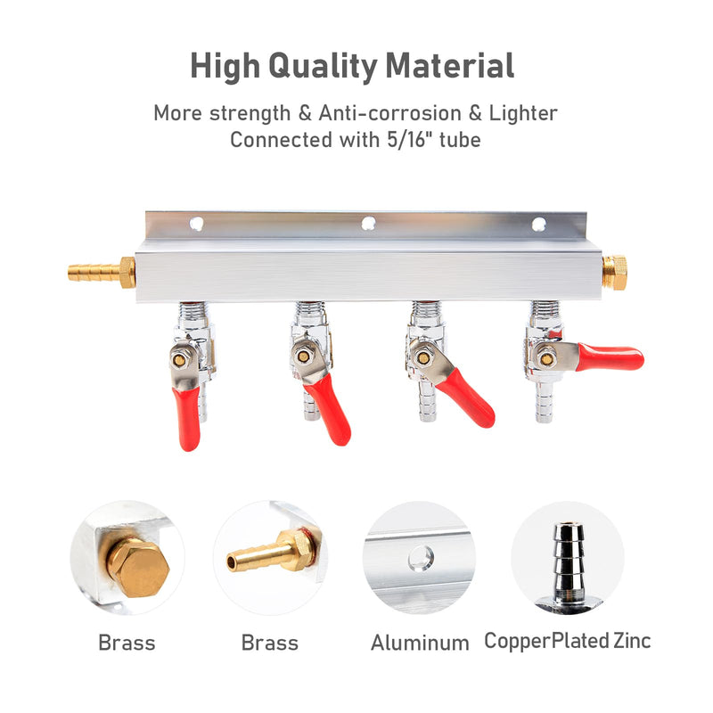 [Australia - AusPower] - Roastove 4-Way Gas Manifold CO2 Distributor Manifold 5/16 inch Barb/Stem Splitter Beer Integrated Check Valves Homebrew Beer Making Brewing Tool-CO2 gas input at LEFT side+5CLAMPS 4 WAY 