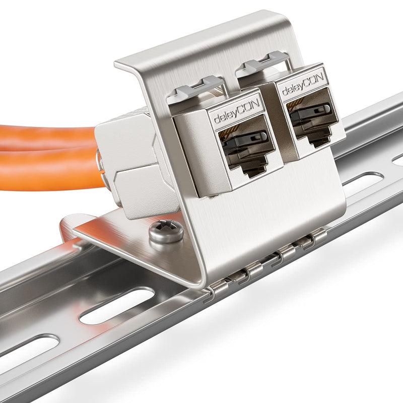 deleyCON CAT6a Keystone Jack Module 2-Port DIN Rail Adapter, Pack of 4 | Set with 2 x 2-port adapters, metal, STP shielding, RJ45 socket, 10 Gbit/s network, snap-in mounting, 35 mm DIN rail 4x Keystone + 2x Halter