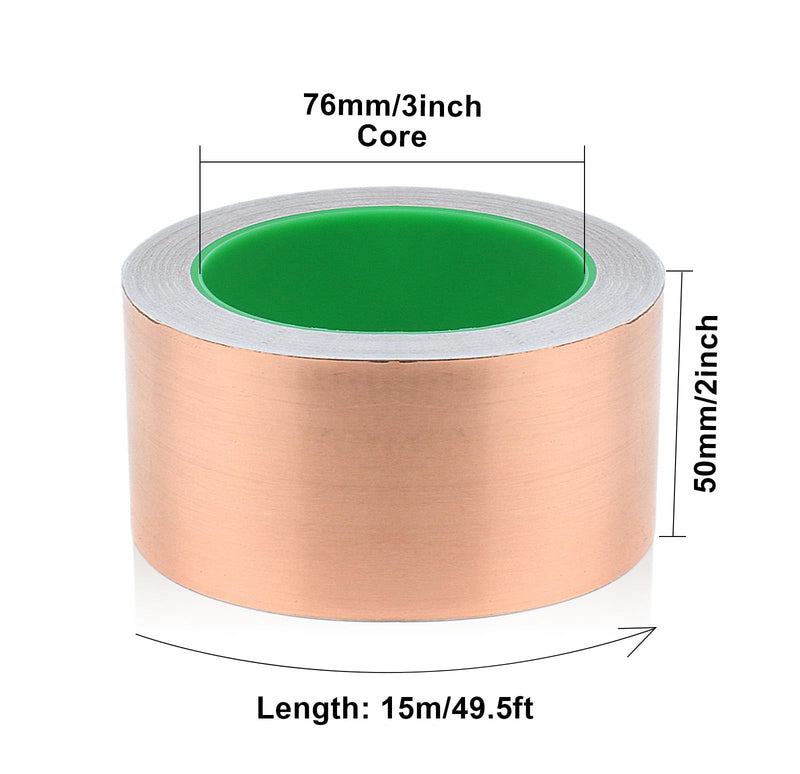 BOMEI PACK 2inch x 49ft Copper Foil Tape with Conductive Adhesive for Guitar and EMI Shielding, Crafts, Soldering, Stained Glass, Electrical Repairs, Grounding 1 Pack 2 inch x 49 ft