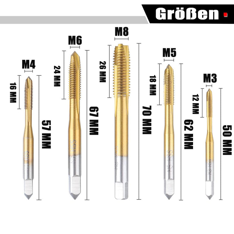 [Australia - AusPower] - Treki 5 Piece Professional Tap Bit Set M3 M4 M5 M6 M8 HSS Titanium Tap Bit Set, Metric Thread Cutting Tap Finishing Tap Machine Tap Bit for Cutting Thread 