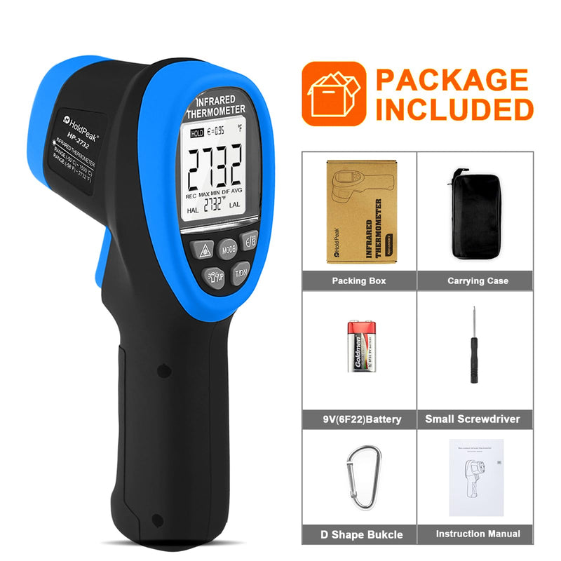 [Australia - AusPower] - HOLDPEAK Pyrometer D:S=50:1, High Temp Infrared Thermometer -58℉~3272℉(-50℃~1800℃), Non-Contact Industrial Laser Thermometer Gun with Flashlight, Digital IR Temperature Gauge HP-1800 (NOT for Human) 1PC-HP-1800-BLUE(-50~1800℃ Higher) 