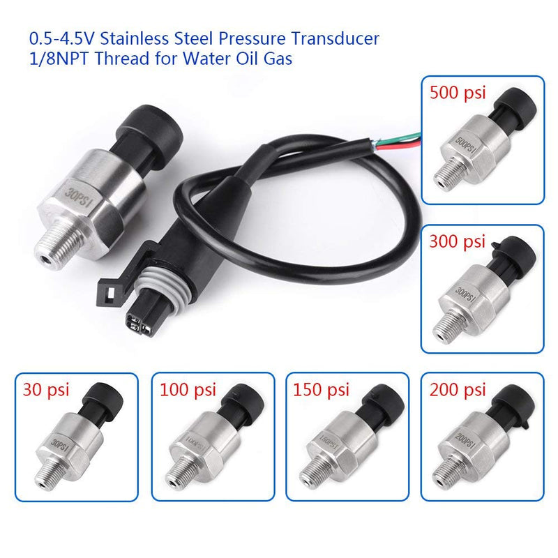 [Australia - AusPower] - 0.5-4.5V Output Stainless Steel Pressure Transducer Sender,1/8NPT SS Pressure Sensor with Connector Oil Pressure Sensor for Oil Fuel Air Water (30PSI) 30PSI 