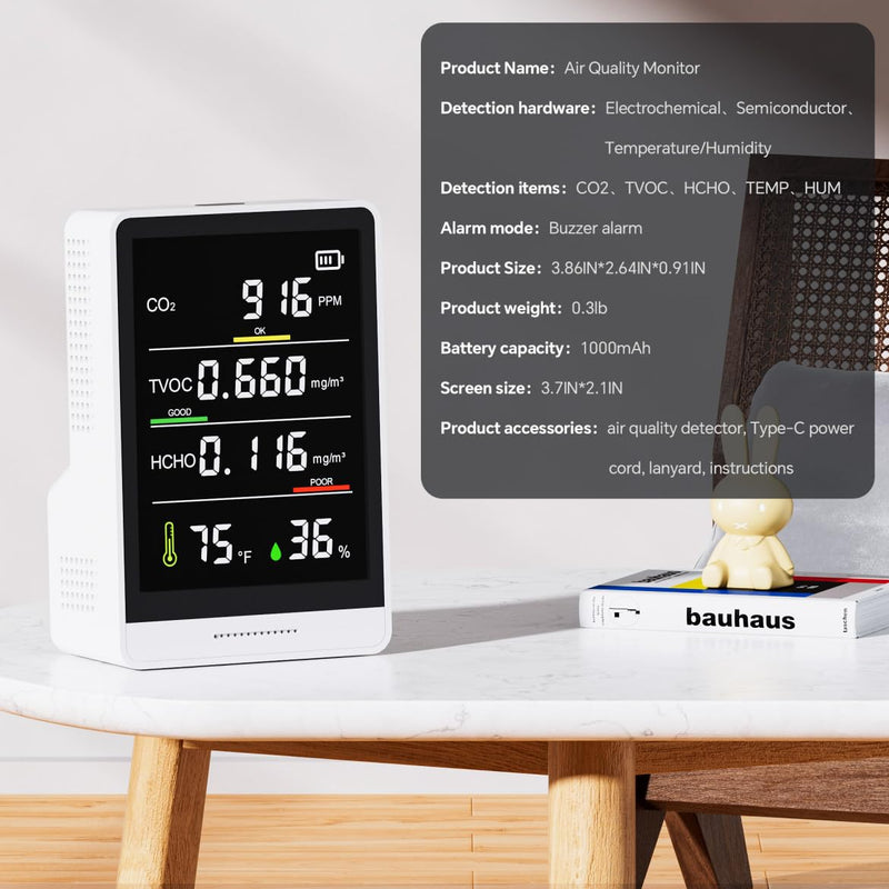[Australia - AusPower] - 5-in-1 Professional Indoor Air Quality Monitor Indoor Portable CO2 Monitor | Temperature | Formaldehyde Detector | Humidity TVOC | Air Quality Tester - Confined Space Clean Air Monitor (White) White 