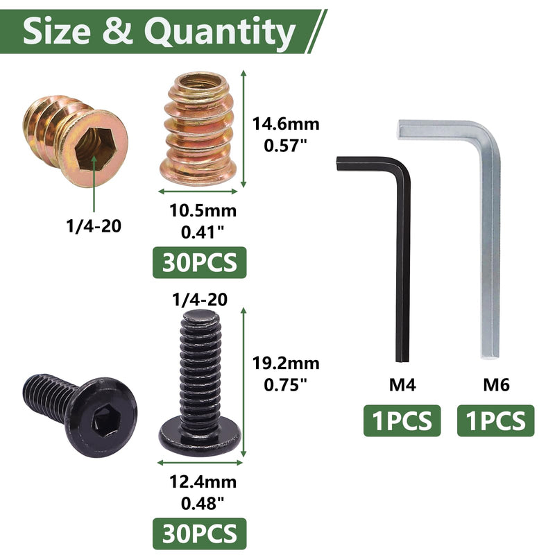 [Australia - AusPower] - 30 Sets 1/4-20 x 3/4" Furniture Screw Threaded Wood Inserts, Screw-in Nuts 1/4-20 x 19/32" Furniture Bolts Fastener Connector + 202Pcs Hitch Pins Clip Pins Assortment Kit 
