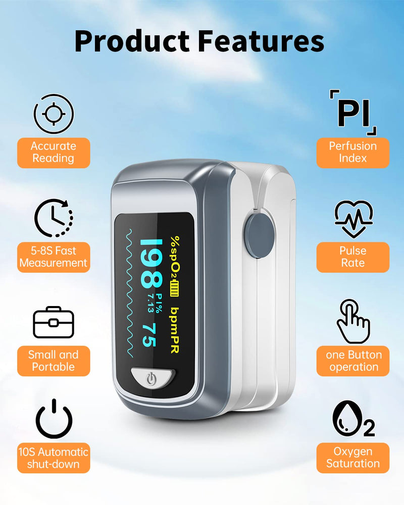 [Australia - AusPower] - Fingertip Pulse Oximeter Blood Oxygen Saturation Monitor Pulse Ox, Heart Rate and Fast Spo2 Reading Oxygen Meter with OLED Screen Included Lanyard and 2 X AAA Batteries Gray 