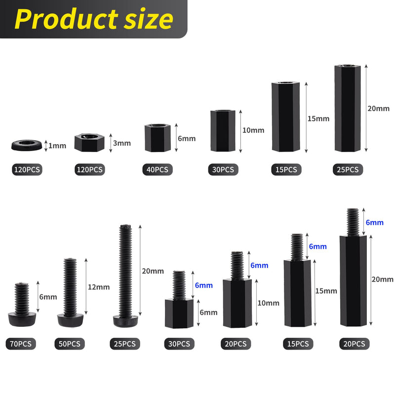 [Australia - AusPower] - 580 PCS M3 Black Nylon Standoff Kit with Spacers, Screws, and Nuts - Motherboard & PCB Mounting Standoffs and Screws, Threaded Pillar Spacers for Circuit Boards and Computer Building 