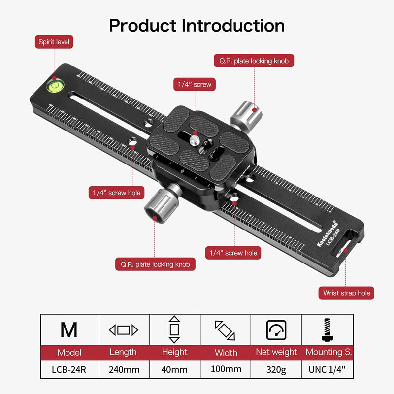 [Australia - AusPower] - Koolehaoda 240mm Rail Nodal Slide Quick Release Plate Clamp Camera Tripod Bracket Mount Compatible with Arca Swiss, Angle Adjustable for Camera Tripod Ball Head (LCB-24R) LCB-24 