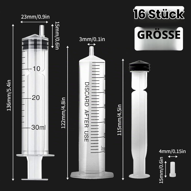 Sterile Syringes with Lid Plastic Syringe 30 ml Pack of 16 | Reusable plastic syringe for small pet feeding, laboratory, plant watering, engine oil or brake fluid 16 pieces 30ml