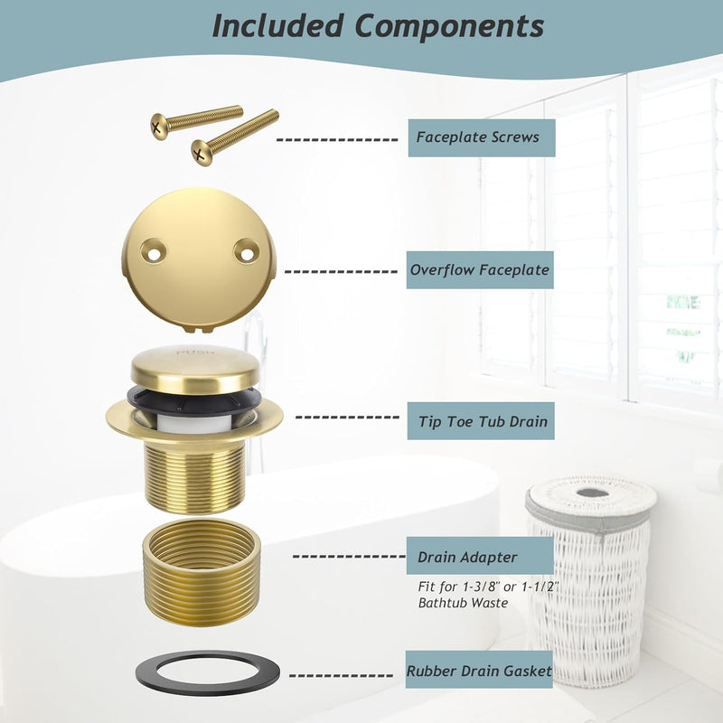Tip-Toe Bathtub Drain Kit with Two-Hole Overflow Plate, Premium Quality Bath Tub Drain Replacement fits for All Bathtub, Universal Fine/Coarse Thread Bathtub Stopper (Brushed Gold) Brushed Gold