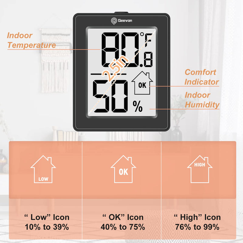 [Australia - AusPower] - Geevon Digital Hygrometer, 3 Pack Indoor Thermometer Room Temperature Humidity Gauge with Battery,Digital Temperature Humidity Meter Indicator for Home, Office, Greenhouse, Mini Hygrometer,Black Black 1 
