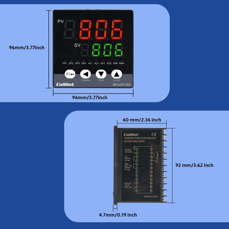 [Australia - AusPower] - PID Temperature Controller, Coiliiot Voltage AC100-240V, LED Display, Relay & SSR Dual Output, One Alarm Output, PID Thermostat with K Thermocouple (96mm*96mm) 96mm*96mm 
