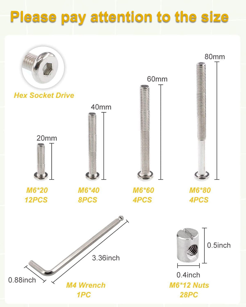 [Australia - AusPower] - Crib Screws Bolts Hardware Replacement Kit, 28 Set M6 Bolts &Barrel Nuts for Bed Frame,Furniture,Chairs and Cabinets - M6x20/40/60/80mm Hex Drive Socket Cap Screws Assortment Silver-28 Set 