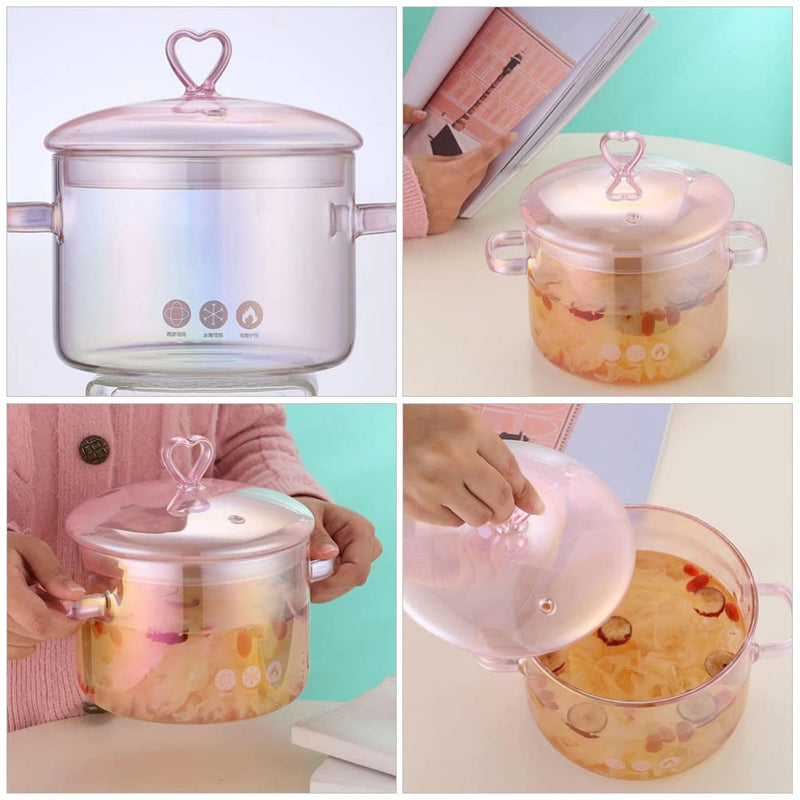 Vaguelly Retro Glass Soup Pot 1.5L Double-Handle Cooking Pot for Stovetop Heat-Resistant Household Stew for Soup Noodles and Seafood Pink 1.5L(1.6Qt)