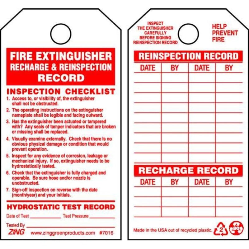 Zing Fire Extinguisher Tag, 5 3/4 in Height, 3 in Width 7016-1 Each Plastic
