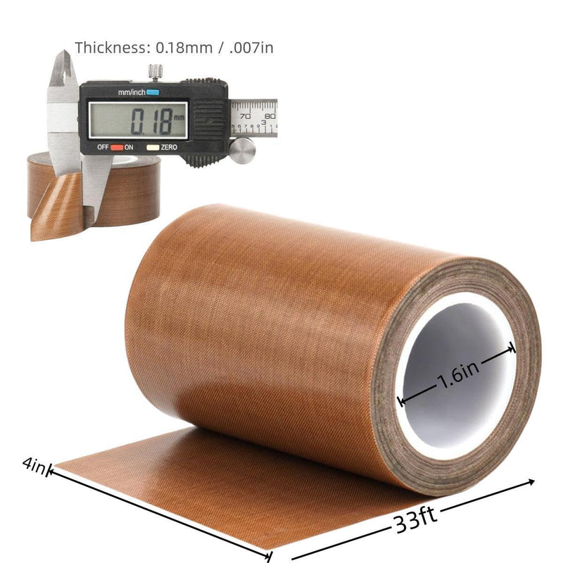 Teflone Tape PTFE Coated Glass Cloth – Heat Resistant Adhesive Tape 270°C Non-Stick Surface (4", 33ft) – Compatible with FoodSaver, Weston Pro, Vacuum Sealer, Heat Press, Packaging, Electrical Use 4in x 33ft