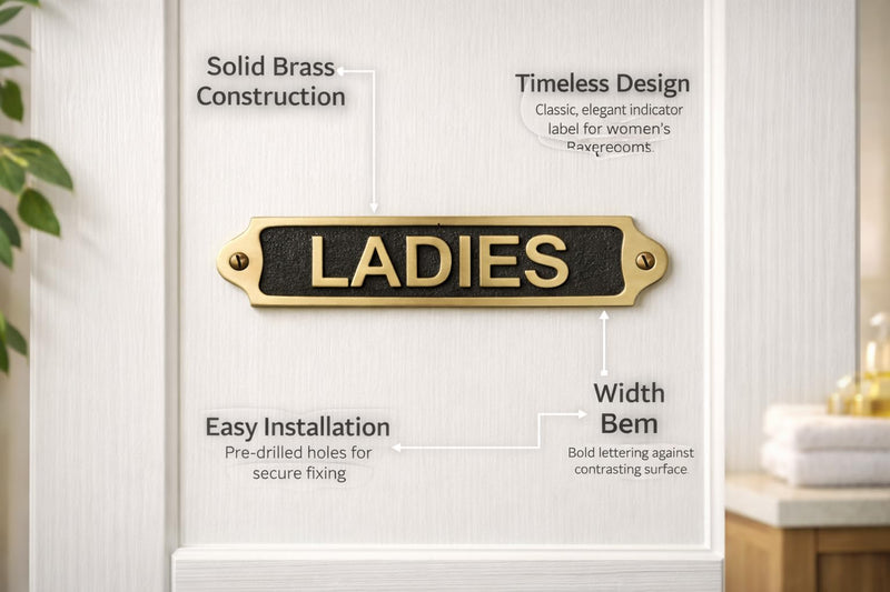LADIES Brass with Black Door Plaque Sign | Metal Toilet Washroom Door Sign with Engraved Lettering | Wall & Door Name Plate with Mounting Screws for Home Office Shop | 22 x 5 cm | LADIES