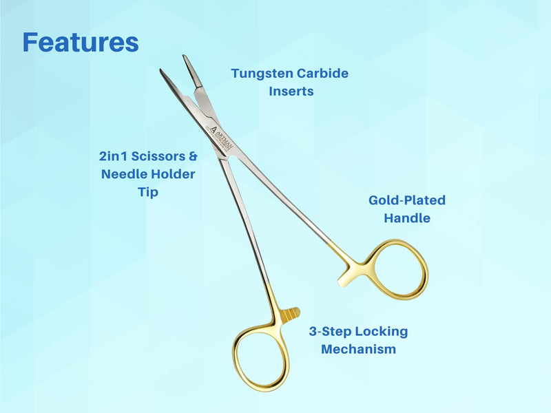 ARTMAN INSTRUMENTS Olsen Hegar Needle Holder, Needle Driver with Scissors Cutting Edges, Scissor Clamp Forceps with Tungsten Carbide ARTMAN Brand (5 Inch) (Pack of 2) 5 Inch (Pack of 2)