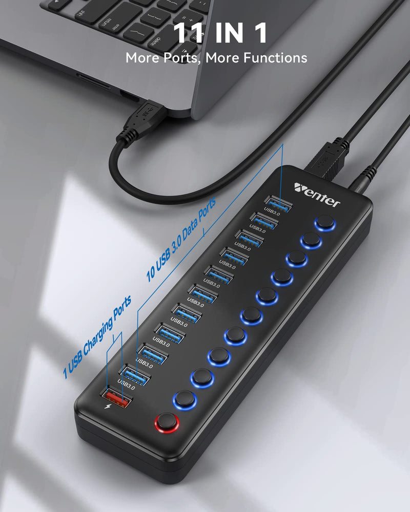 [Australia - AusPower] - Powered USB Hub, Wenter 11-Port USB Splitter Hub (10 Faster Data Transfer Ports+ 1 Smart Charging Port) with Individual LED On/Off Switches, USB Hub 3.0 Powered with Power Adapter for Mac, PC 10 USB 3.0 ports + 1 Charging port 