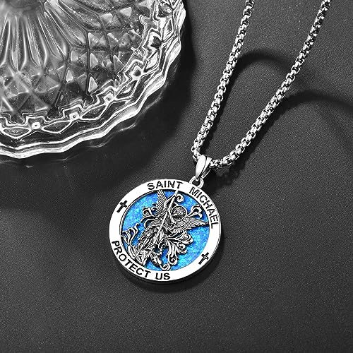 ADMETUS Saint Medals 925 Sterling Silver Protection Necklace Amulet Jewellery Religious Gifts for Men with 2.5mm 22"+2" Rolo Chain A00-Saint Michael (Blue Opal)