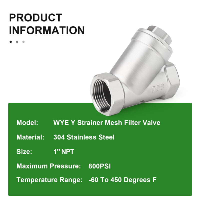 [Australia - AusPower] - TAISHER 1PCS 304 Stainless Steel 1" NPT Female WYE Y Strainer Mesh Filter Valve CF8 WOG 800 