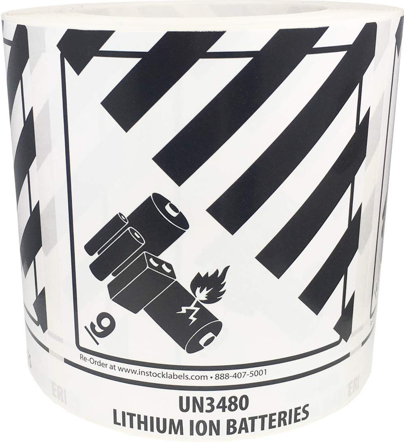Hazard Class 9 D.O.T. UN3480 Lithium Ion Batteries Labels, 4 x 4 3/4 Inch Square Black and White Hazmat Stickers, 500 Adhesive Shipping Labels – Made in the USA