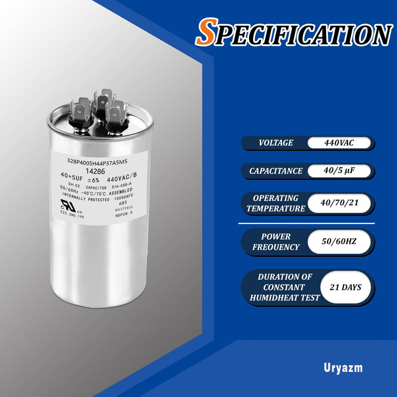 40+5 uf MFD 370/440 VAC Dual Run Round Capacitor, Universal AC Capacitor Replacement for HVAC Air Conditioner, Heat Pump, Condenser Straight Cool (14286) 14286