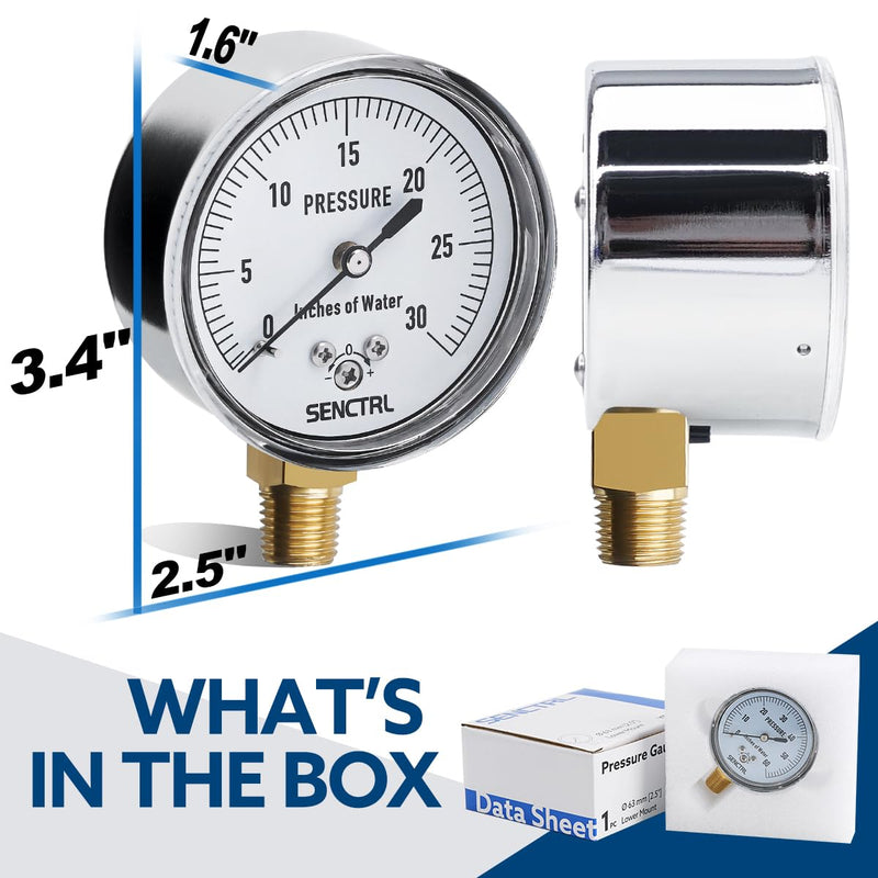 [Australia - AusPower] - 0-30 Inches of Water Column Gauge, Low Pressure Capsule Gauge, 2-1/2" Dial Size, 1/4" NPT Lower Mount, Zero Adjustment, for Air Water Gas Pressure Test 0-30inH2O 