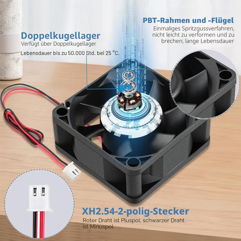 GDSTIME Pack of 2 12V Waterproof Fan 60mm IP68 Dual Ball Bearings | 60 mm fan waterproof 12 V fan 60 mm IP68 4500 rpm 6 cm case fan for PC computer 2 pieces 60x25mm fan IP68