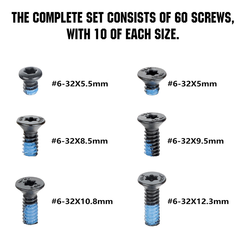 [Australia - AusPower] - ohhunt 60 Pcs 6-32x5.5mm/5mm/8.55mm/9.5mm/10.8mm/12.3mm Alloy Steel Flat Head Screw for Red Dot Sight 