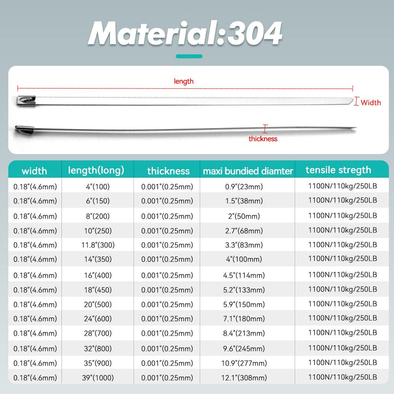 [Australia - AusPower] - Metal Zip Ties 11.8 inch 100pcs 304 Stainless Steel Locking Cable 250LB 300mm Heavy Duty Exhaust Wrap Multi Purpose Binding for machinery, vehicles, farms, cables, pipes,Fence 11.8"/300mm 