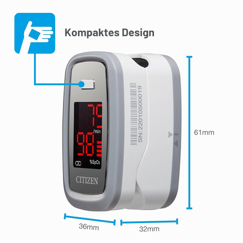 Citizen CMS50DL1 Finger Pulse Oximeter Oxygen Meter SpO2 Heart Rate Monitor | One-button operation for seniors and athletes, LCD display for blood oxygen and pulse, includes 2 x AAA batteries