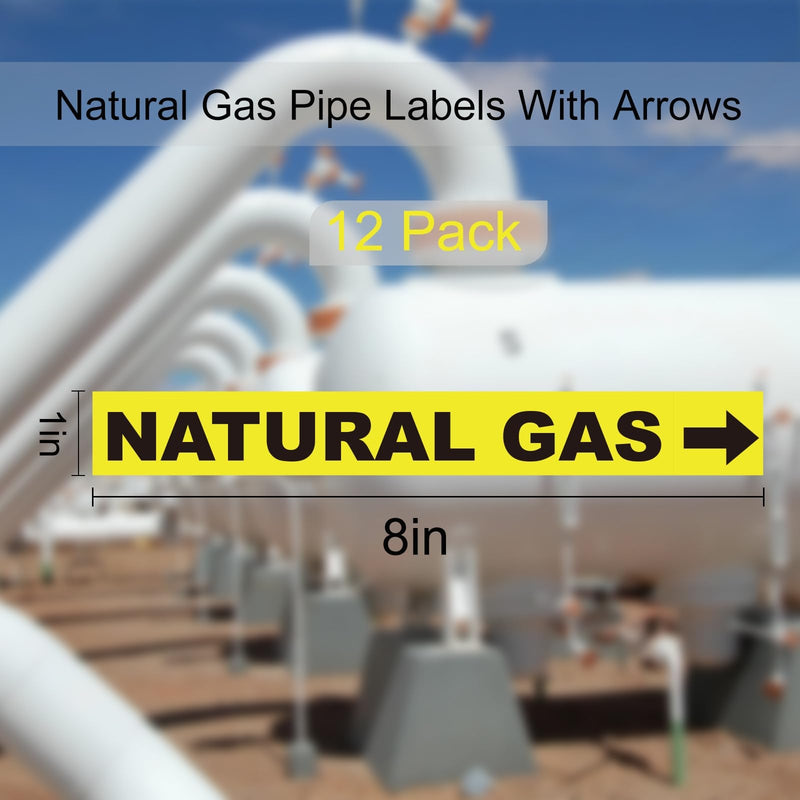 12 Pack Natural Gas Pipe Labels With Arrows, Vinyl Stickers Natural Gas Pipe Marking Sticker Sign for Pipes, Heaters and Inspectors(1"x8")