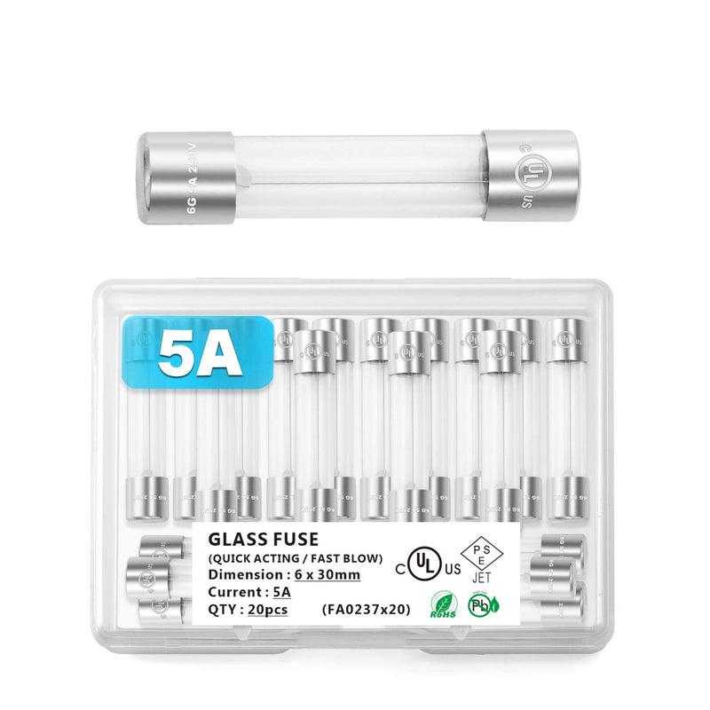 [Australia - AusPower] - Chanzon(Pack of 20Pcs) UL Listed 6x30mm 5A 250V/125V 5 Amp Glass Fuses Fast Blow Cartridge Tube Fuse f5al 125 V / 250 V (6.4mmx30.3mm) 6x30mm without lead 