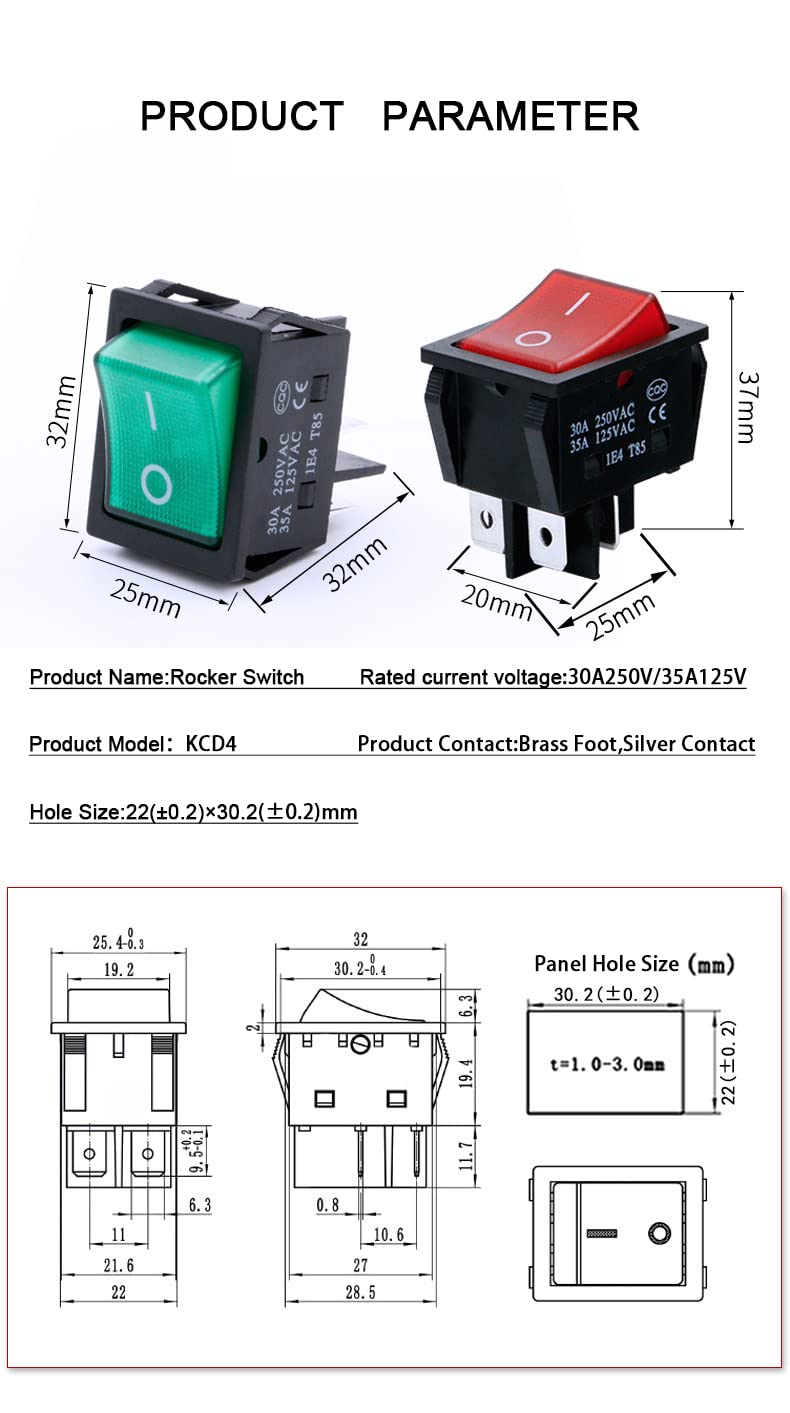 [Australia - AusPower] - 30A 250VAC/35A 125VAC KCD2 KCD4 Rocker Switch DPST 4 Pin Red Lighted 120V Rocker Toggle Switch ON Off Heavy Duty 4Pack Red 30Amp 