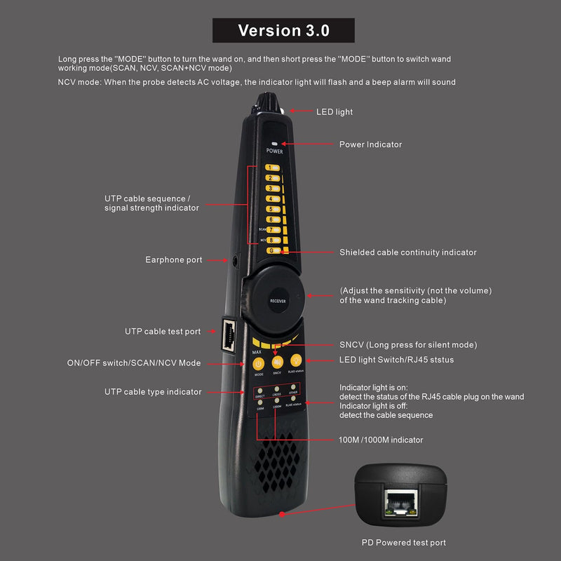 [Australia - AusPower] - Digital Tone Cable Tracer, WANLUTECH Network Cable Tester Tone Generator and Probe Kit RJ11 RJ45 Cable Test for Cable Continuity Checking NCV Detecting PoE Switch Power Supply Pins CT-66 