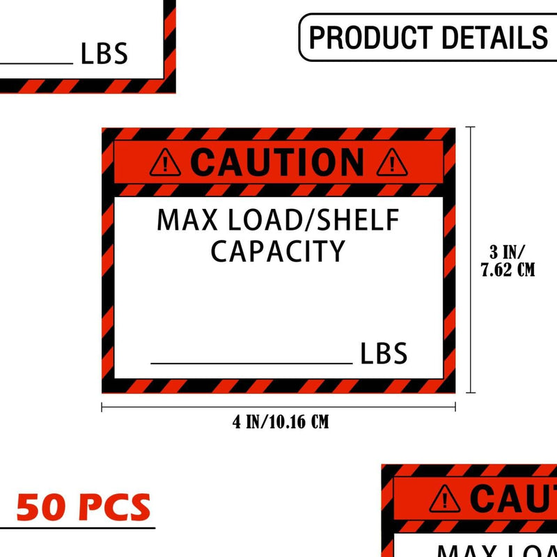 50 Pack Pallet Rack Capacity Labels 3x4-Inch Caution MAX Load/Shelf LBS Warning Stickers Industrial Strength Sticker for Warehouse Safety