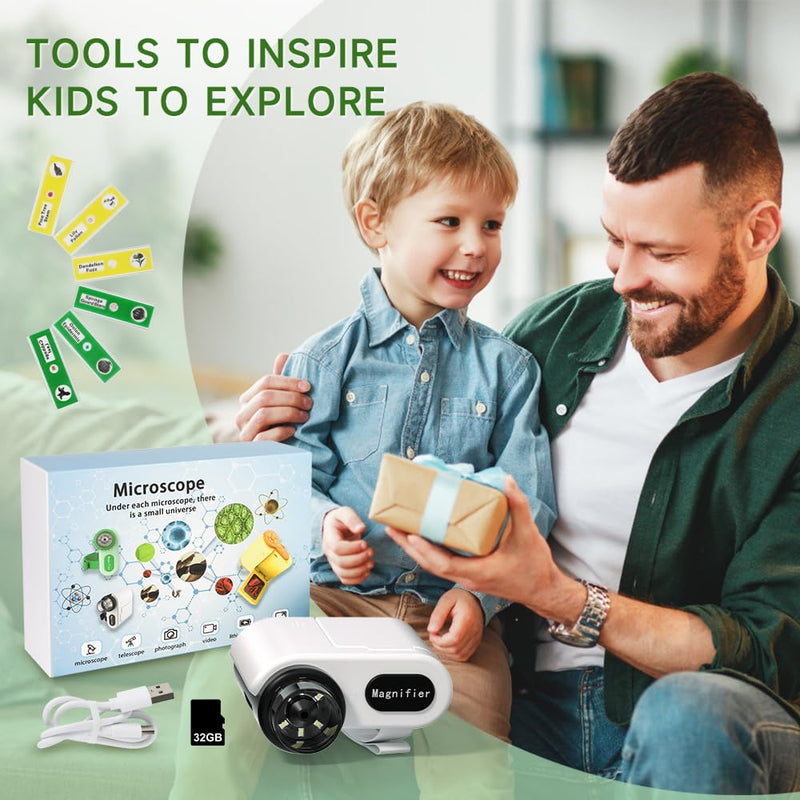 [Australia - AusPower] - Microscope for Kids, 1000X Handheld Digital Microscope with 2" LCD Screen Portable Mini Microscope for Kids 3-12, PC Compatible, 32GB TF Card Included, Great Educational Tool - White & Black 