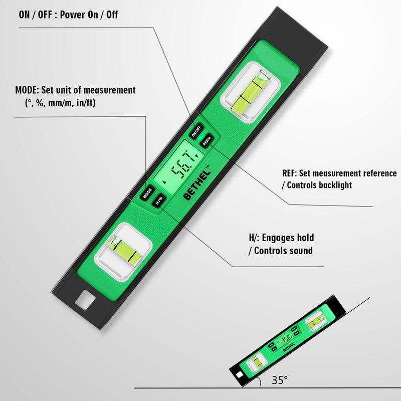 [Australia - AusPower] - BETHEL Digital Torpedo Level -10 Inch IP54 Digital Magnetized Level Protected Electronic Bubble Inclinometer/Angle Finder/LED Display & V-Groove Base (10 Inch, Green) 