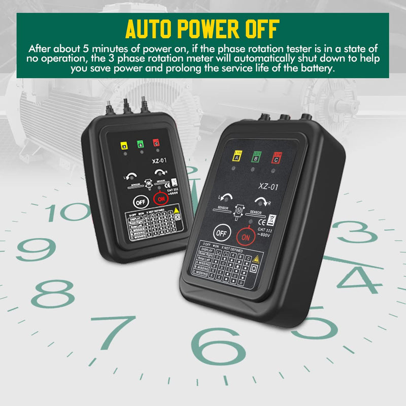 [Australia - AusPower] - Phase Rotation Meter Non-contact 3 Phase Rotation Meter AC 70~600V Phase Sequence Rotation Tester High Magnetic Induction Motor Rotation Meter Auto Power Off Phase Meter with LED,20"Clamp Lead,Handbag XZ-01 