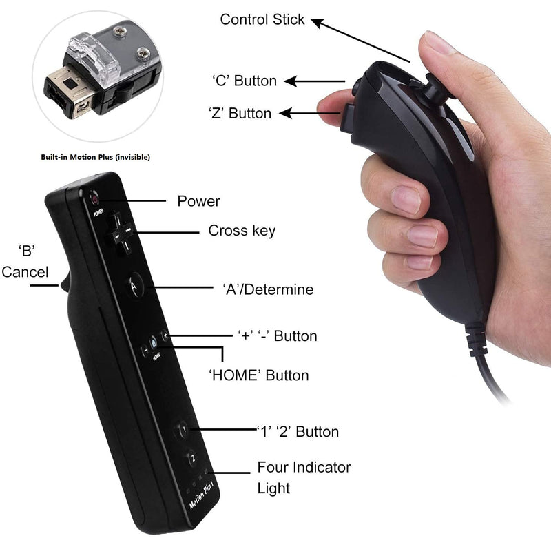 [Australia - AusPower] - Motion Plus Wii Controllers 2Packs with Nunchucks, Wii Remote Controllers Compatible for wii and Wii U with Built in Motion Plus Black&White 