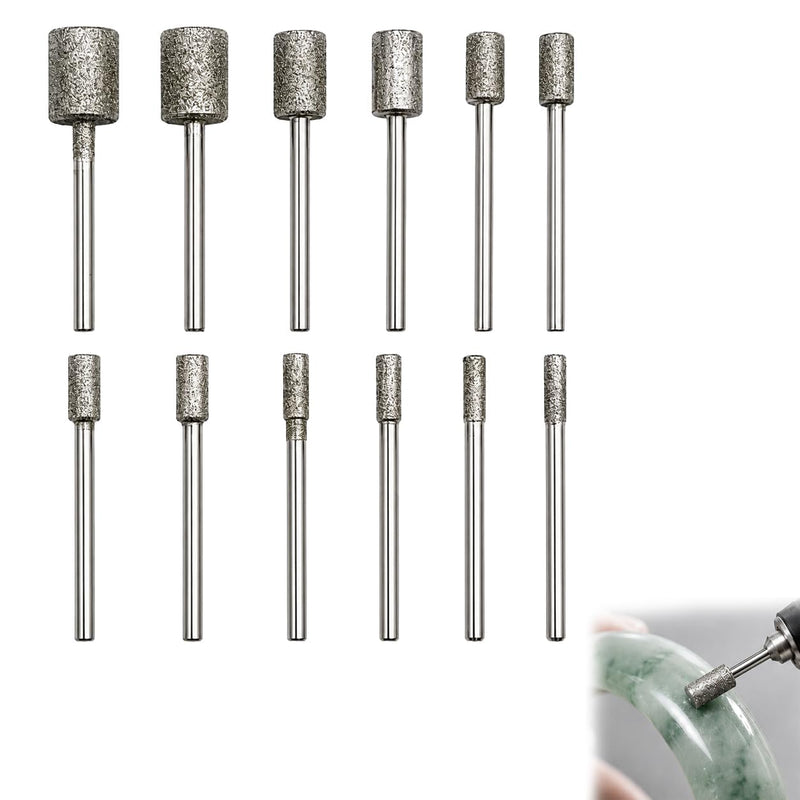 12 Diamond Burr 150 Grit Diamond Cutter with 3mm Shank Accessories Rotary Tool for Engraving, Carving, Gemstones, Grinding and Polishing on Stone, Glass, Ceramic and Jade