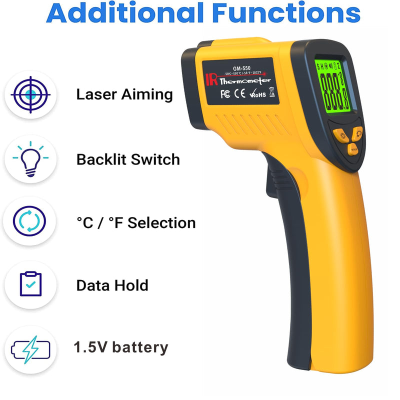 [Australia - AusPower] - Infrared Laser Thermometer, Digital Infrared Laser Thermometer Gun with Adjustable Emissivity, IR Thermometer Temperature Gun for Cooking, Pizza Oven & Engine, -58℉～1022℉(-50℃～550℃) Yellow -58℉ to 1022℉ 