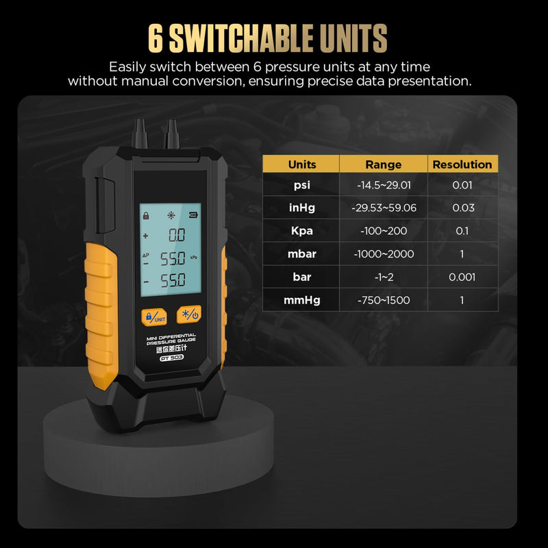 PT503 Manometer Gas Pressure Tester Dual Port Manometer Mini HVAC Gas & Air Pressure Tester, Differential Pressure Gauge with 6 Units, -100 to 200 kPa, Data Lock, Includes Adapters PT503