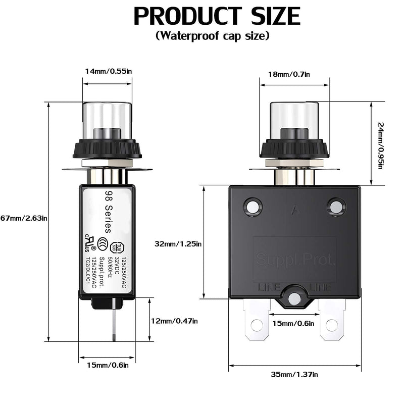 [Australia - AusPower] - Thermal Circuit Breaker,98 Series 40A 125/250VAC Circuit Breaker Push-Button Reset with Quick Connect Terminals and Waterproof Button Cover 32VDC Thermal Overload Circuit Breaker - 40 Amp, 2Pcs 40A-L 