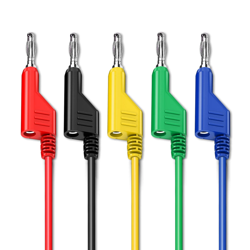 Stackable Banana to Banana Plug Test Cable 1m Pack of 5 | 4 mm banana plug, soft electrical test cable, for multimeter, 1000 V 15 A Five colours 5 Stück 1m