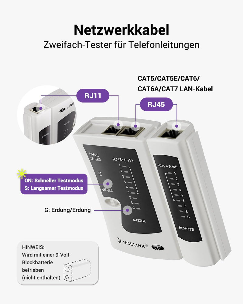 VCELINK Cable Tester, Network Tester for RJ45 RJ11 Cable Patch Cable, Grey | CAT6 CAT7 CAT8 Line Tester, LAN Tester, Telephone Cable Teser gray