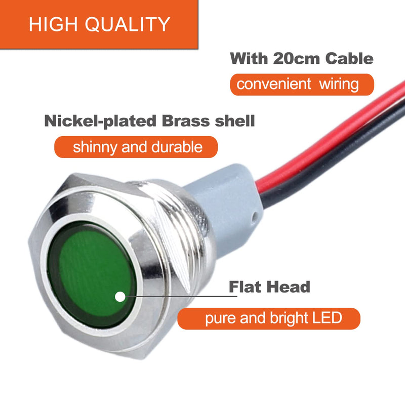 [Australia - AusPower] - 2PCS 16mm (5/8") LED Indicator Light, 12-24V AC/DC 20mA Energy Saving Metal Waterproof IP67 Single lamp LED Pilot Lamp Flat Head with 20cm/7.87in. Wire for Car Truck Boat(Green LED) Green 12-24V 16mm 