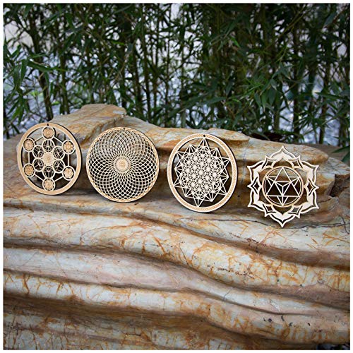 Qallicon 5.31" Sacred Geometry Wall Art 4 PCS Set, (Metatron Cube, 64 Tetrahedron, Torus, Merkaba) Crystal Grid Meditation Chakra Wooden Wall Art Yoga Decor Spiritual Gifts