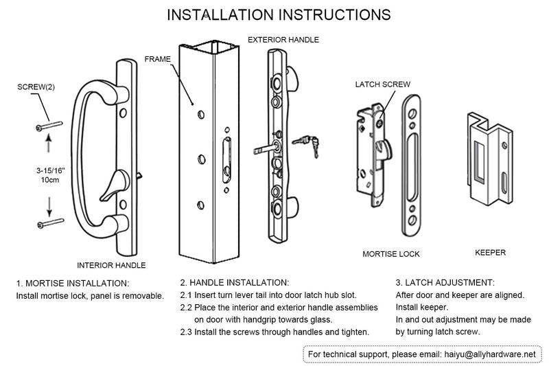 ALLYWASAI Patio Sliding Door Handle Set with Mortise Lock, Key Cylinder and Keeper, Replacement Handle Lock Set Fits Door Thickness from 1-1/2" to 2-1/4", 3-15/16" Screw Hole Spacing, Keyed, Black