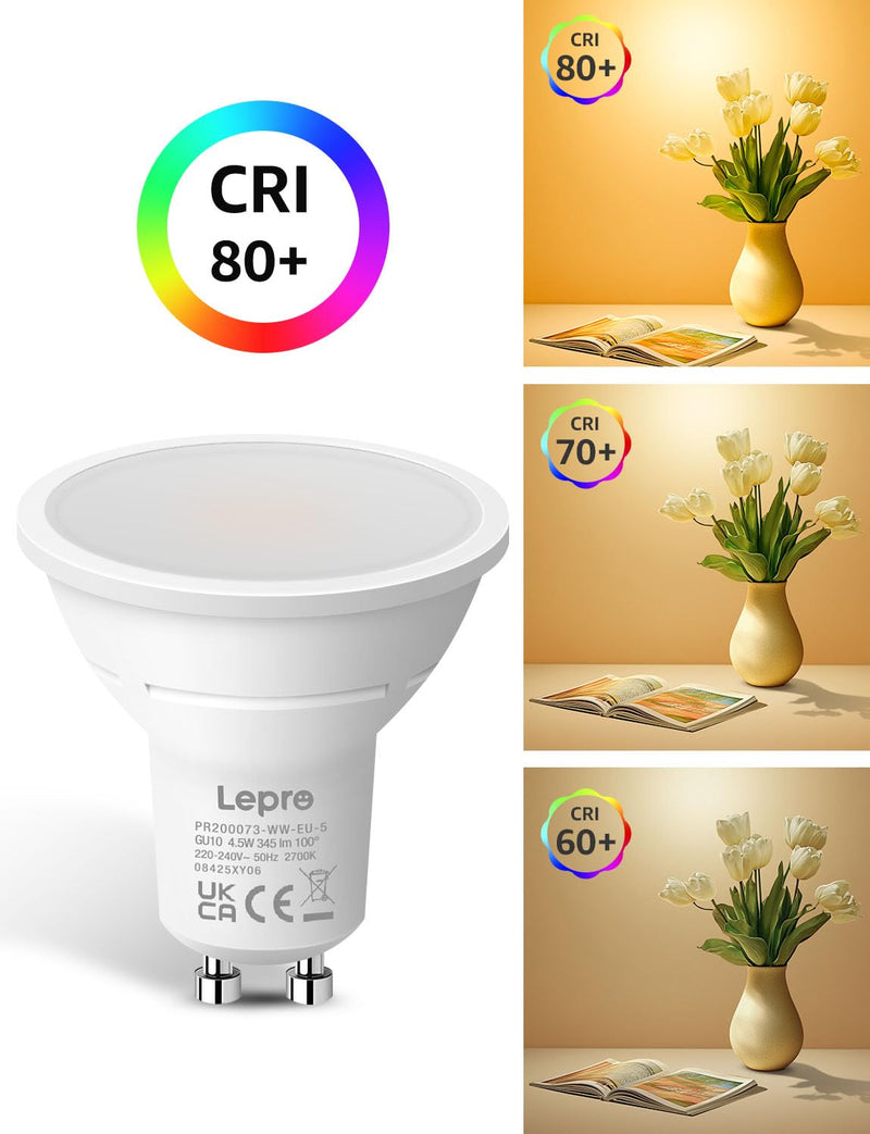 Lepro GU10 LED Warm White Bulbs, 4.5 W, 345 lm, Not Dimmable, Pack of 5 | 100° beam angle, 2700 K warm white, flicker-free, energy-saving LED bulb for living room, kitchen, office